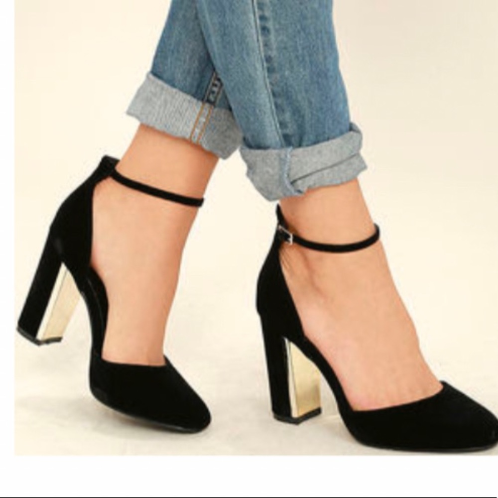 Lulus Laura black velvet ankle strap heels